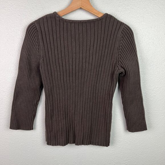 J. Jill Women's Small Brown Scoop Neck Ribbed Knit 3/4 Sleeve Cotton Sweater - Picture 6 of 6